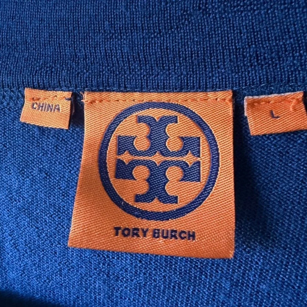 Tory Burch Cardigan Women Large Blue Merino Wool Logo Button V-Neck Sweater